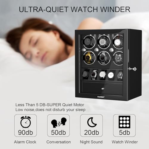 DUKWIN Watch Winder for 6 Automatic Watches,Lockable Watch Winders with Watch and Jewelry Storages, Super Quiet Mabuchi Motor with High-Gloss Piano Lacquer Finish,Built-in Illumination-Black - Image 5