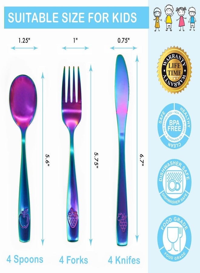 CHILLOUT LIFE طقم أدوات مائدة للأطفال من الفولاذ المقاوم للصدأ مكون من 12 قطعة - أدوات مائدة آمنة للأطفال والرضع - طقم أدوات مائدة للأطفال - طقم أدوات مائدة معدني للأطفال يتضمن 4 ملاعق صغيرة للأطفال، 4 شوكات و4 سكاكين - قوس قزح UV - Image 3