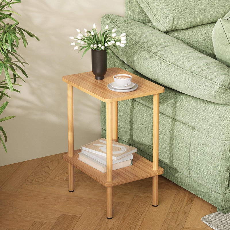 APICIZON 2 Tier Side Table Narrow End Table with Storage Shelf Bedside Table Nightstand for Small Spaces Bedroom Living Room Entryway Farmhouse NoTool Assembly Natural