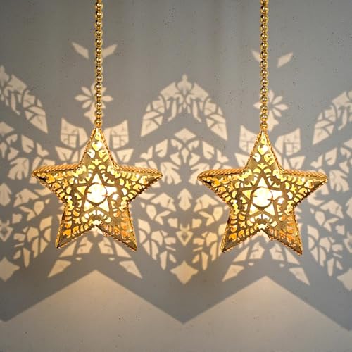 S2S Gold Metal Star Decorative Lights, Hanging Chain, Filigree Design, LED Illuminated, Set of 2 - Image 2