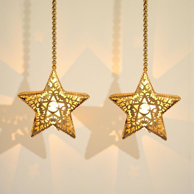 S2S Gold Metal Star Decorative Lights, Hanging Chain, Filigree Design, LED Illuminated, Set of 2 - Image 5