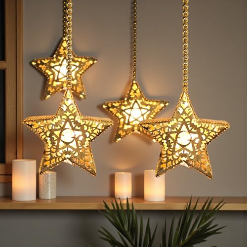 S2S Gold Metal Star Decorative Lights, Hanging Chain, Filigree Design, LED Illuminated, Set of 2 - Image 4