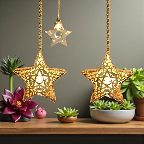 S2S Gold Metal Star Decorative Lights, Hanging Chain, Filigree Design, LED Illuminated, Set of 2 - Image 3