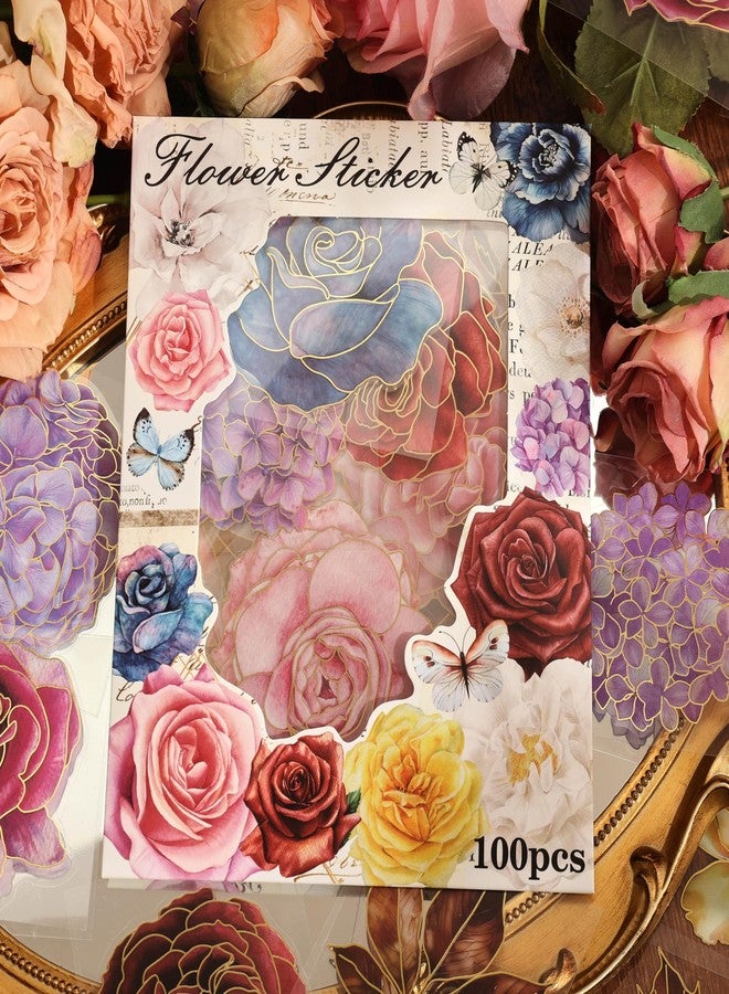 emmoolife 100 PCS Large Size Flowers Sticker with Gold Holographic Outlines for Journaling Supplies, Watercolor Floral Sticker for Scrapbooking, Aesthetic Room Decor Junk Journal Bullet Journals Collage - Image 5