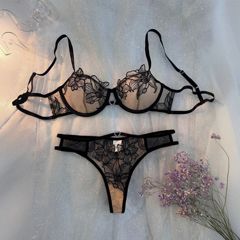 Fashion New Lace Up-Push Cup Breathable Embroidered Pure Desire Bra Set - Image 1