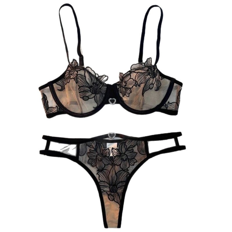 Fashion New Lace Up-Push Cup Breathable Embroidered Pure Desire Bra Set - Image 5