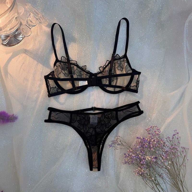 Fashion New Lace Up-Push Cup Breathable Embroidered Pure Desire Bra Set - Image 2