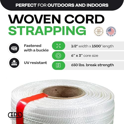 IDL Packaging Woven Cord Strapping Roll 1/2" x 1500', 6" x 3" Core Size, 650 lbs Break Strength - Poly Packaging Strapping - Strength&Flexibility Strapping Tape Heavy Duty with Re-Tightening Option by IDL Packaging - Image 2