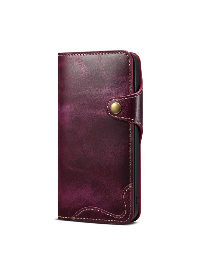 Denior Case For iPhone 13 Pro Oil Wax Cowhide Magnetic Button Genuine Leather Case - Image 2