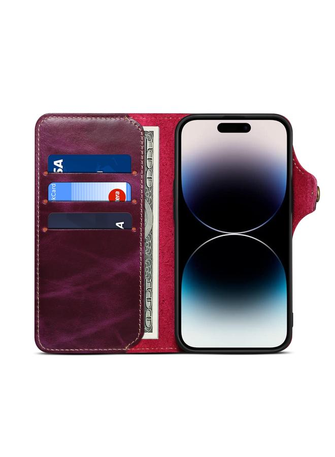 Denior Case For iPhone 13 Pro Oil Wax Cowhide Magnetic Button Genuine Leather Case - Image 4