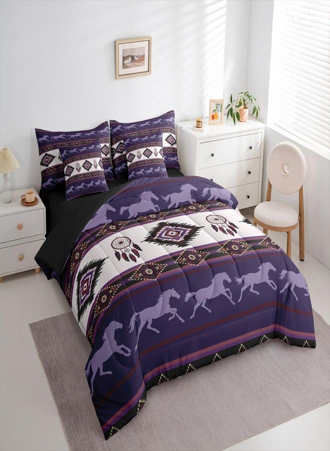 Castle Fairy Boho Aztec Kids 7 Pieces Comforter Set Queen Size,Southwest Native Tribal Exotic Reversible Quilt Set,American Ethnic Purple Horse Bedding Set with Comforter,Sheet,Pillowcase - Image 3