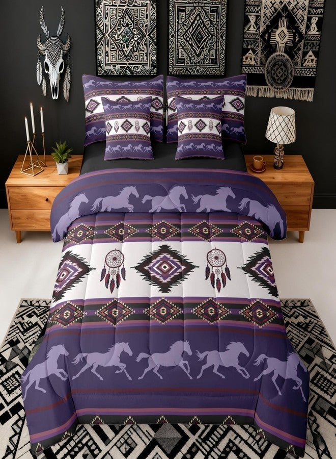 Castle Fairy Boho Aztec Kids 7 Pieces Comforter Set Queen Size,Southwest Native Tribal Exotic Reversible Quilt Set,American Ethnic Purple Horse Bedding Set with Comforter,Sheet,Pillowcase - Image 1