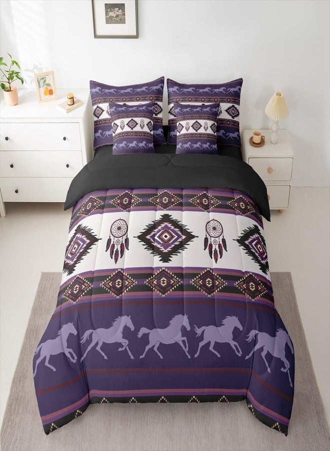 Castle Fairy Boho Aztec Kids 7 Pieces Comforter Set Queen Size,Southwest Native Tribal Exotic Reversible Quilt Set,American Ethnic Purple Horse Bedding Set with Comforter,Sheet,Pillowcase - Image 2