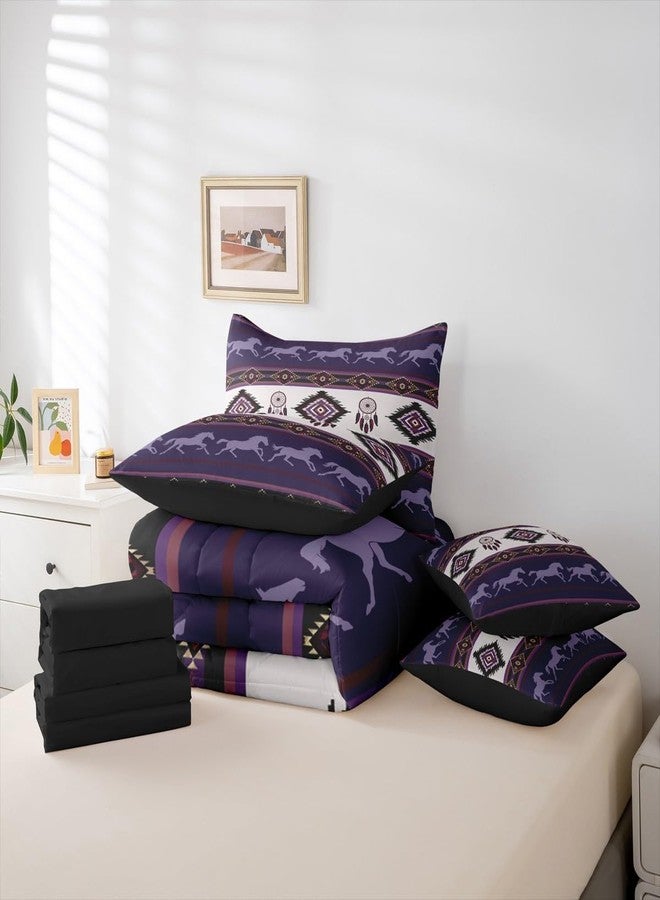 Castle Fairy Boho Aztec Kids 7 Pieces Comforter Set Queen Size,Southwest Native Tribal Exotic Reversible Quilt Set,American Ethnic Purple Horse Bedding Set with Comforter,Sheet,Pillowcase - Image 5