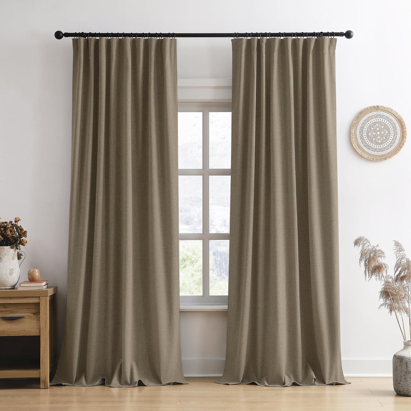 70 Inch Wide Blackout Curtains 2 Panels Set,Back Tab Pleated Curtains Hidden Tab with Hooks,Energy Efficinet Linen Blend Drapes for Dining Room Living Room Hoom Office 70x84 Length Linen Brown