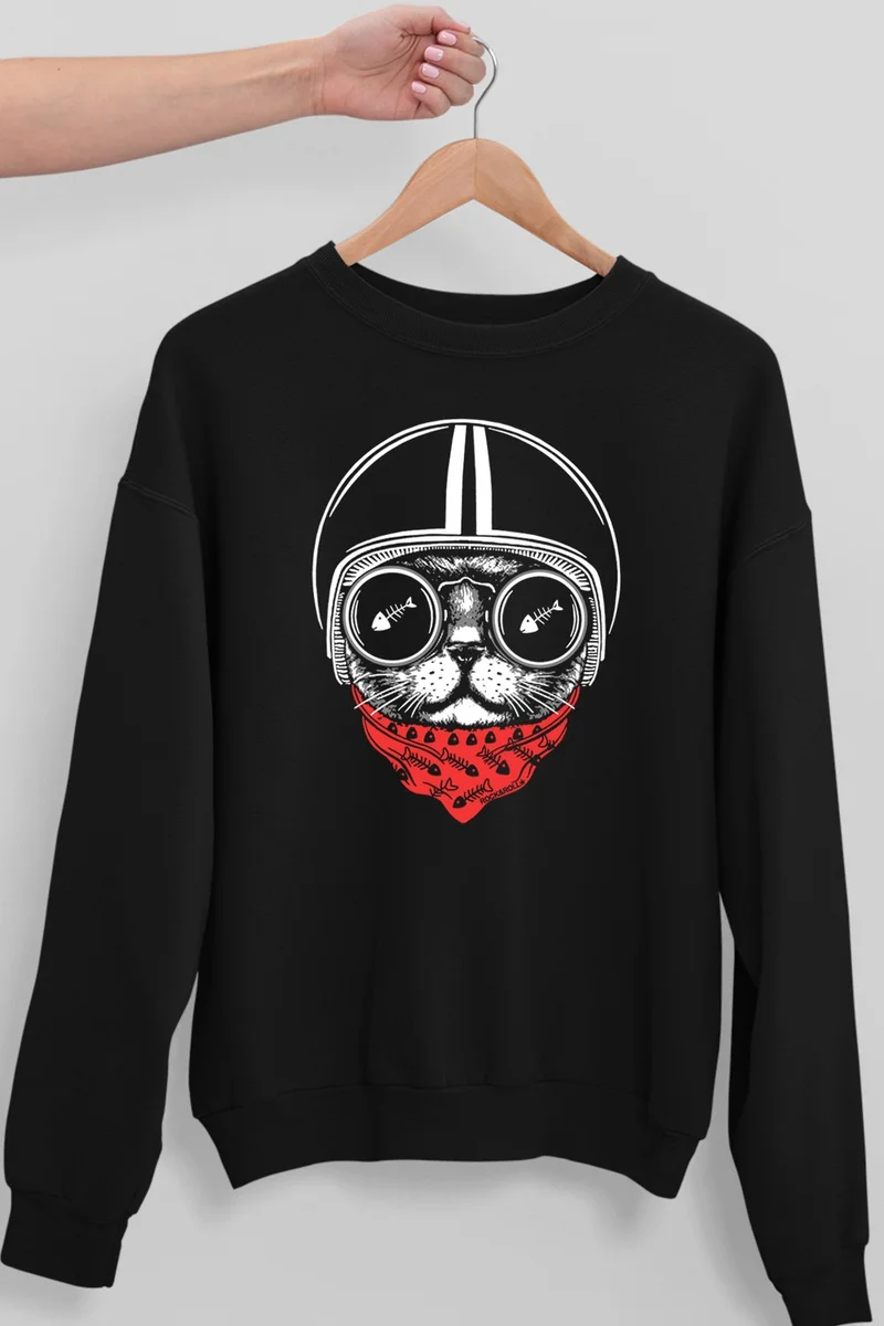 روك اند رول Helmet Cat Black Crew Neck Thick Men's Sweatshirt