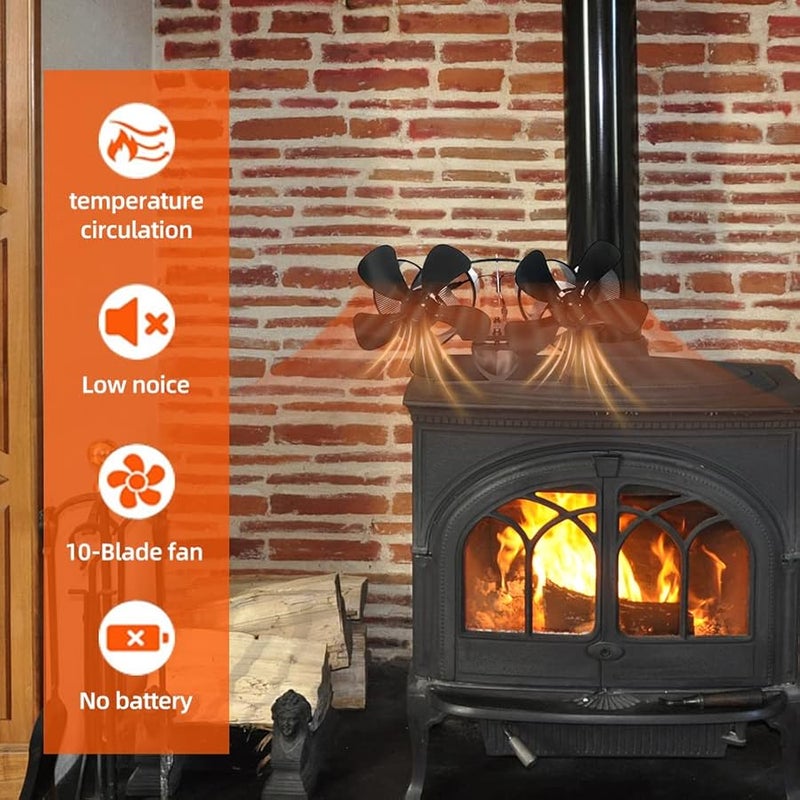 Black Dual Motor Heat Powered Stove Fan 10 Blades Quiet Non Electric Fireplace Fan - Image 3