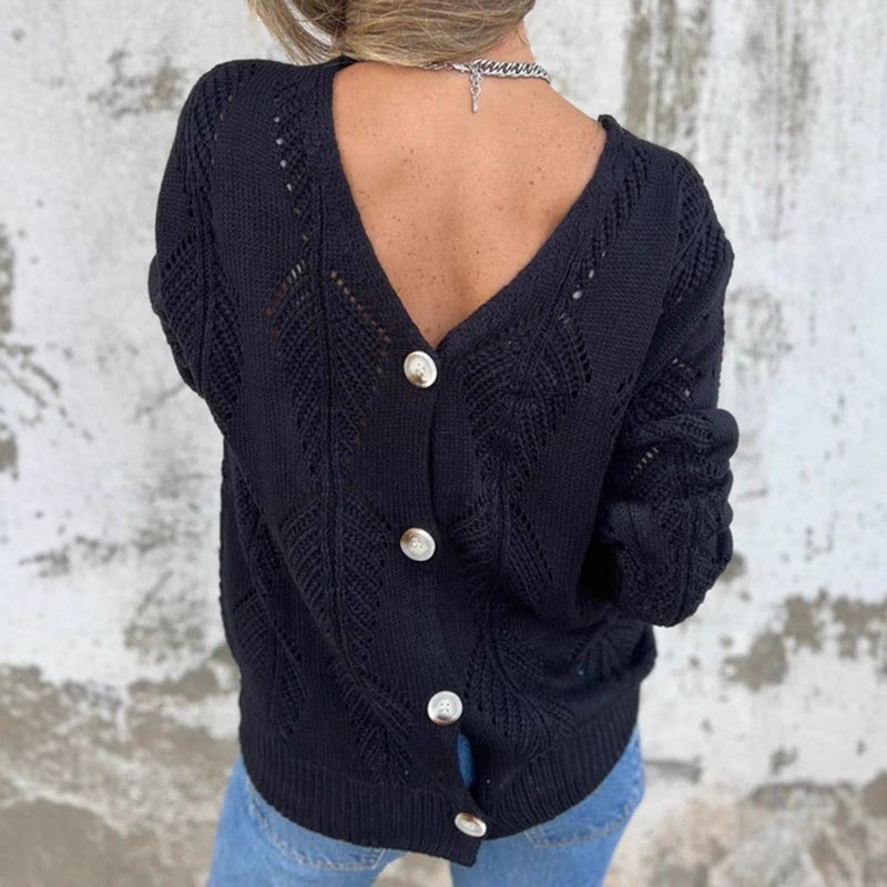 V-Neck Buttoned Long-Sleeve Double-Sided Knit 2026 Backless Sweater for Women, Loose Fit, Spring and Autumn Style, and Style, Thick Fabric - Image 5