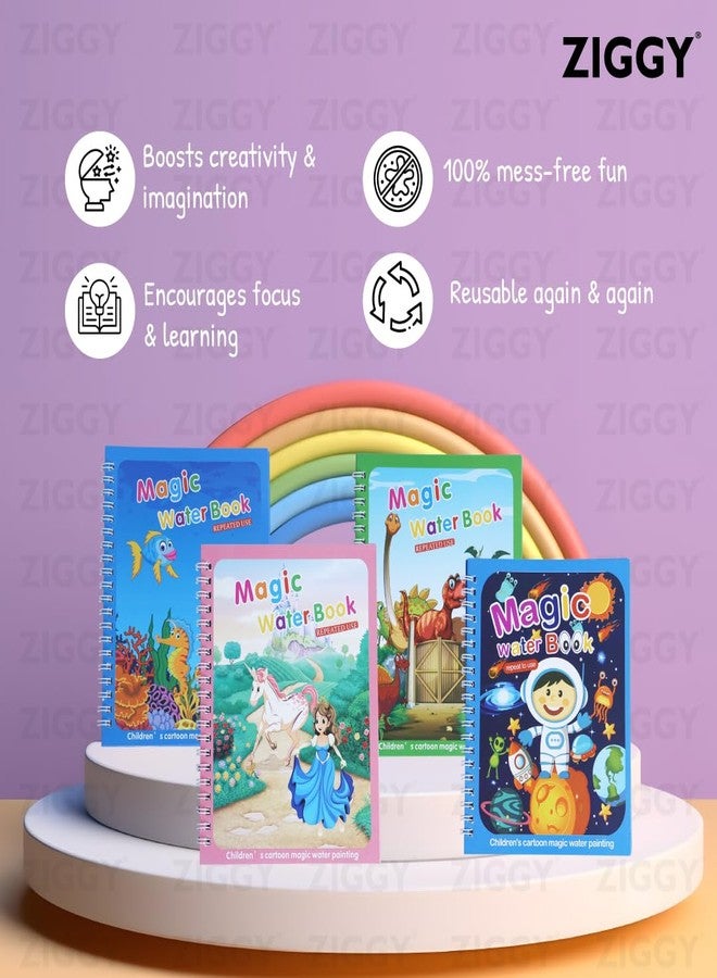 ZIGGY Magic Water Book for Kids |Reusable Educational Water Coloring Book with Pen | Drawing & Painting Activity Toy for Toddlers & Preschool Children (Pack of 4) - Image 2