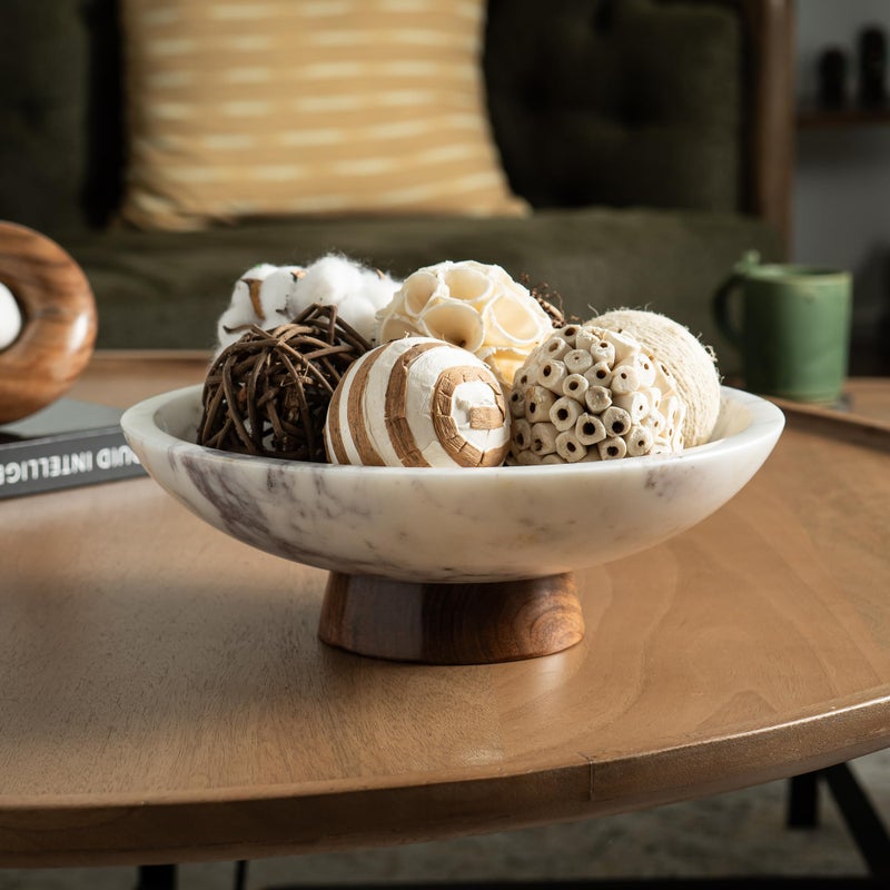 Cork & Mill Marble Decorative Bowl for Home Decor - Handcrafted Natural Stone with Acacia Wood Pedestal - Versatile 11" Catch All for Entryway, Kitchen Fruit Bowl, Potpourri, Dining Table Centerpiece - Image 2