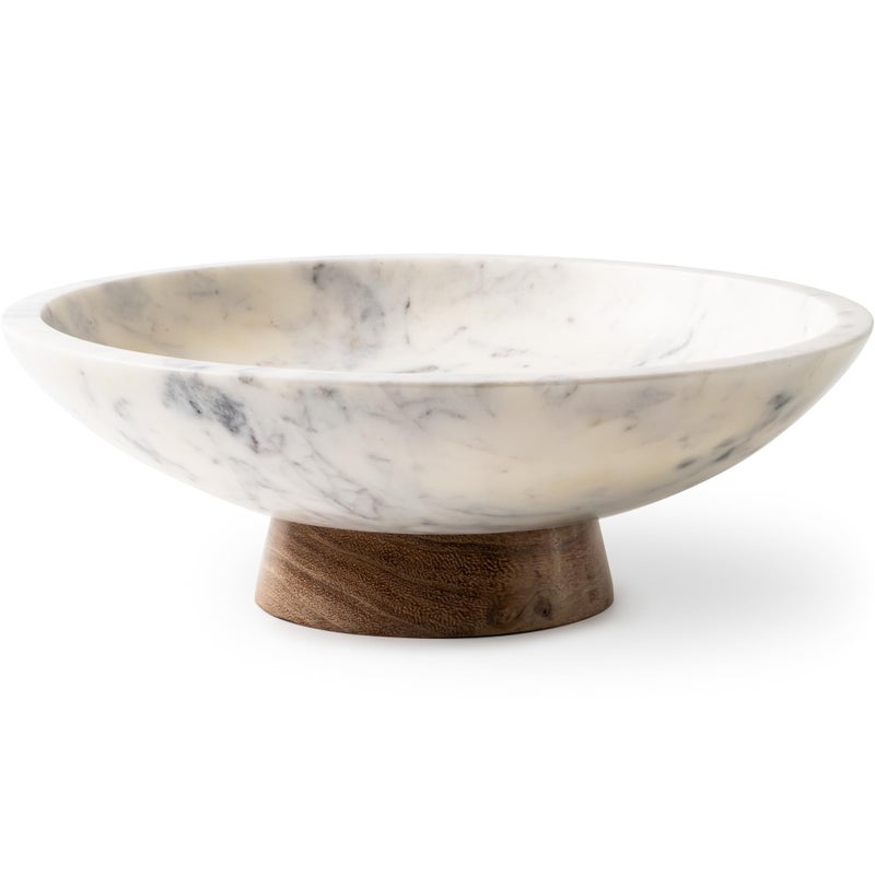 Cork & Mill Marble Decorative Bowl for Home Decor - Handcrafted Natural Stone with Acacia Wood Pedestal - Versatile 11" Catch All for Entryway, Kitchen Fruit Bowl, Potpourri, Dining Table Centerpiece - Image 1