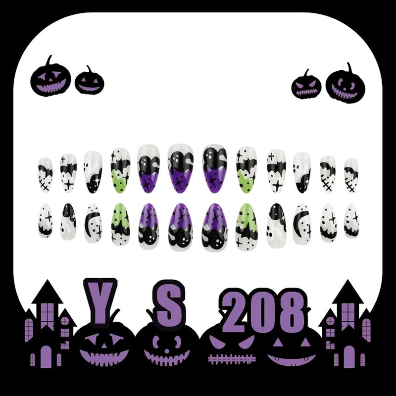 WULIUFLY Market popular practical build Halloween Short Fake Nails Almond Press on Nails French Tip Acrylic Nails Black Bat Glue on Nails Halloween Ghost Nails Press ons Grey French Halloween Press on Nails for Women Manicure Decorations Carefully engineered build - Image 5