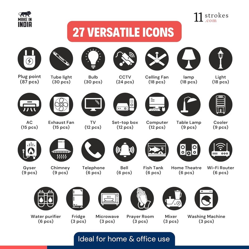 11 Strokes Black White Switch Board Stickers for Home 3 Sheets Black Switch Board Stickers Electric Switchboard self Adhesive Stickers Light Stickers Bell Sticker Light Fan Stickers for Switch - Image 3