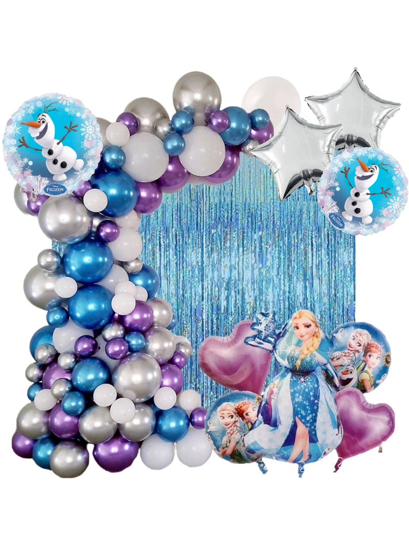 Boxwoods Frozen Birthday Party Balloon Garland Arch Kit with 2 Foil Fringe Curtains  - Image 1
