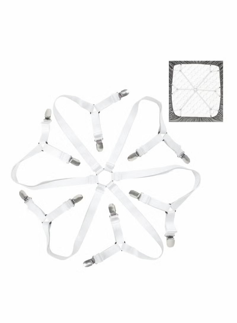 Bed Sheet Holder Straps, Adjustable Premium Fitted Suspenders with 6 Way Cross Elastic Bands and Corner Clips, for Bedding Mattress Fasteners(White) - Image 1
