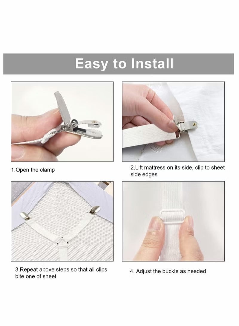 Bed Sheet Holder Straps, Adjustable Premium Fitted Suspenders with 6 Way Cross Elastic Bands and Corner Clips, for Bedding Mattress Fasteners(White) - Image 3