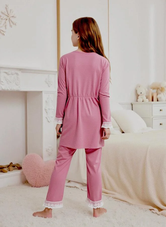 Take Two Lace Trim Buttoned Top with Long Pyjama Set