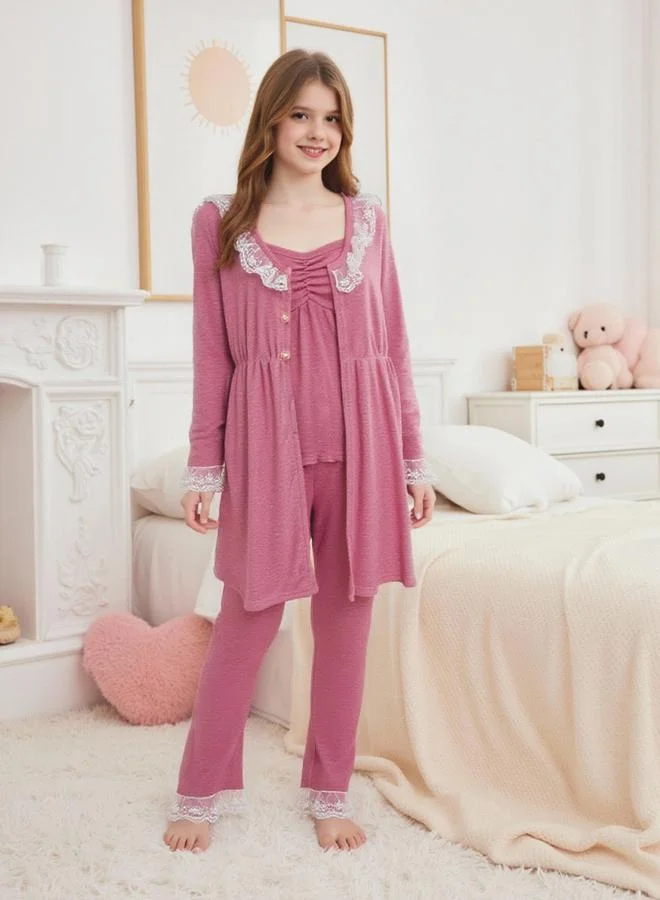 Take Two Lace Trim Buttoned Top with Long Pyjama Set