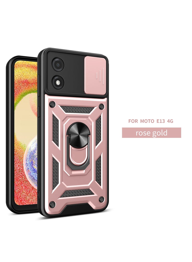 TEAM LUXURY Motorola E13 4G Mobile Phone Case Cover, Slide Camera Lens Cover + 360°Rotating Kickstand Ring + Bumper Shockproof Phone Case