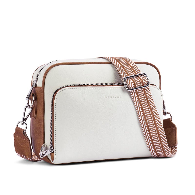 Lexiyat Crossbody Purses for Women Vegan Leather Travel Anti Theft Bags Guitar Strap Shoulder Purse with Built in Wallet Beige - Image 1