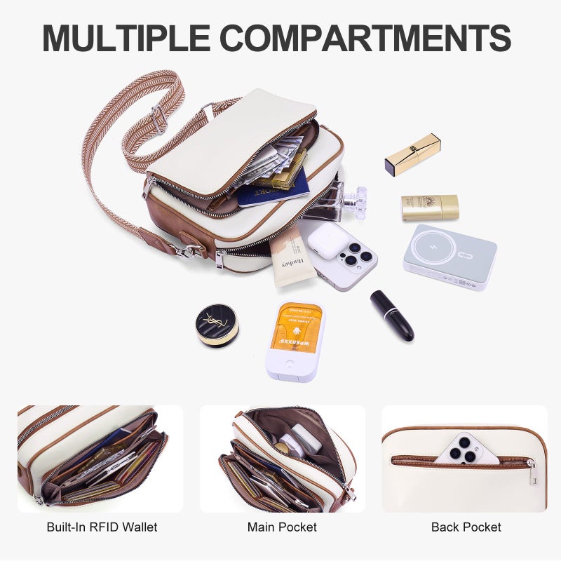 Lexiyat Crossbody Purses for Women Vegan Leather Travel Anti Theft Bags Guitar Strap Shoulder Purse with Built in Wallet Beige - Image 3