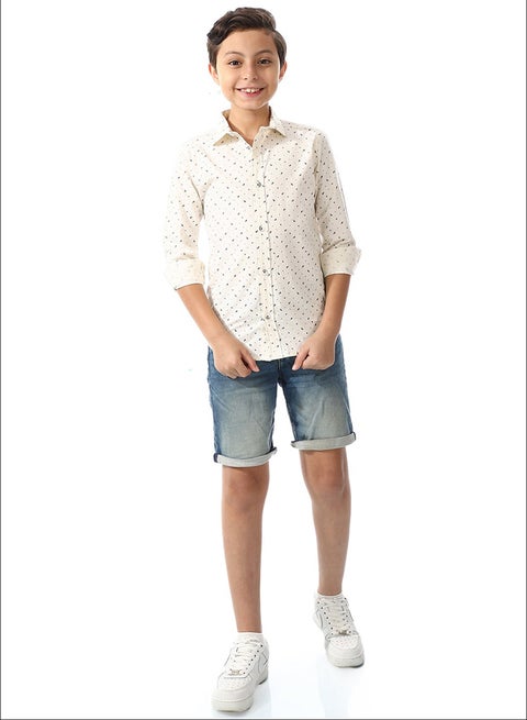 Long Sleeves Shirt For Boys_Beige & Navy Blue