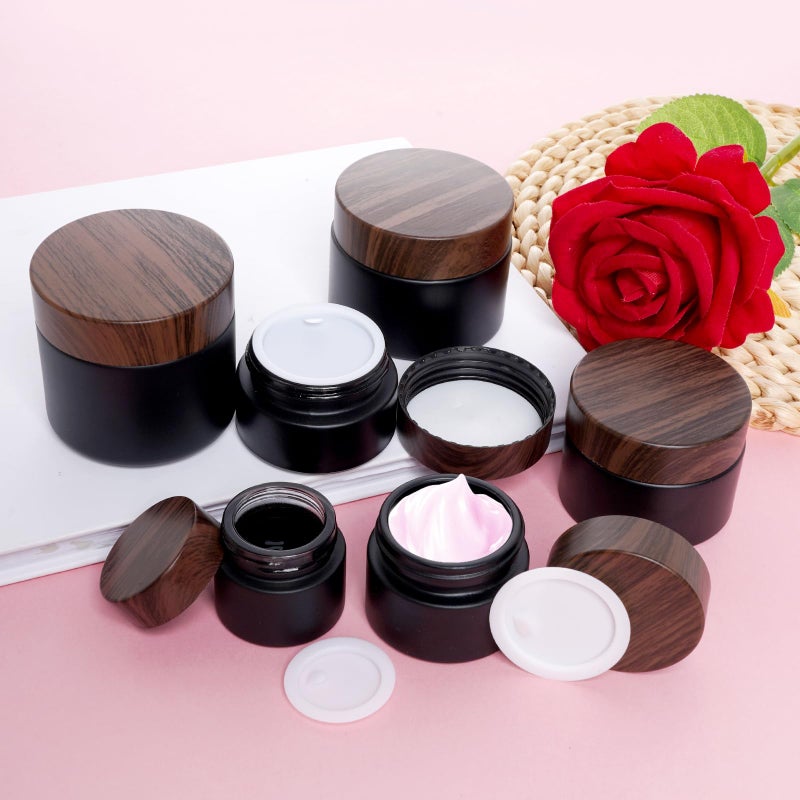 Miayon 6Pcs Small Travel Lotion Containers with lids Glass Sample Empty Round Cosmetic Jar Bottles for Creams Makeup Lotion Toiletries Storage (Black, mixed size) - Image 3