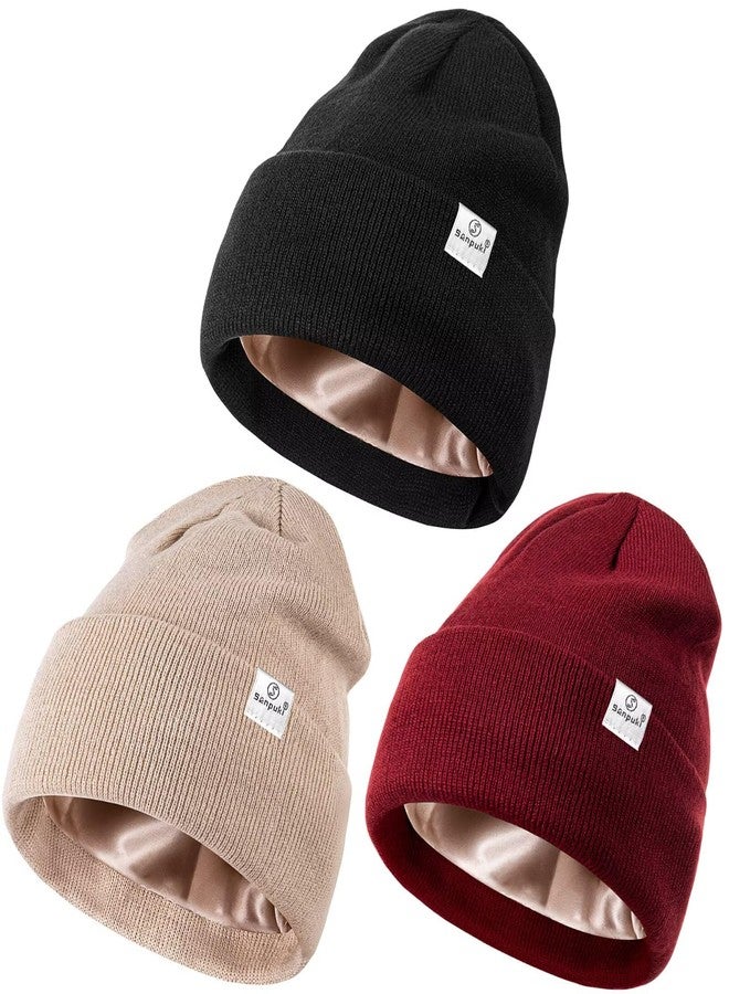 SENPUKI 3 Pack Satin Lined Winter Beanie Hats for Women Men,Silk Lined Beanie Knit Soft Warm Cuffed Hat, Black+beige+burgundy, One size - Image 1