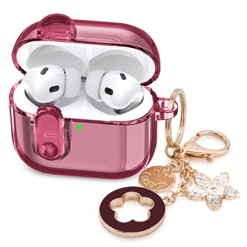 VISOOM (with Lock) Clear Case Compatible for Cute Apple Airpods Pro1/2 Cases with Bling Keychain, VISOOM TPU Transparency Air pods Pro 1st 2nd Generation Earbuds Bling Keychain for iPod Pro2 1,Burgundy - Image 1