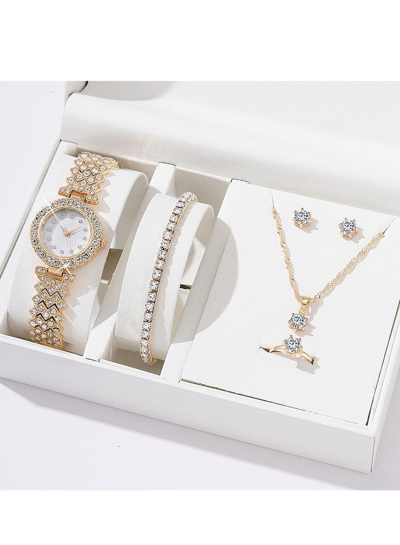5pcs Rhinestone Watch Set Shiny Quartz Crystal Wrist Watch Luxury Diamond Shining Bling Watches with Stainless Steel Bracelet Gift for Women Girls Birthday  - Image 1