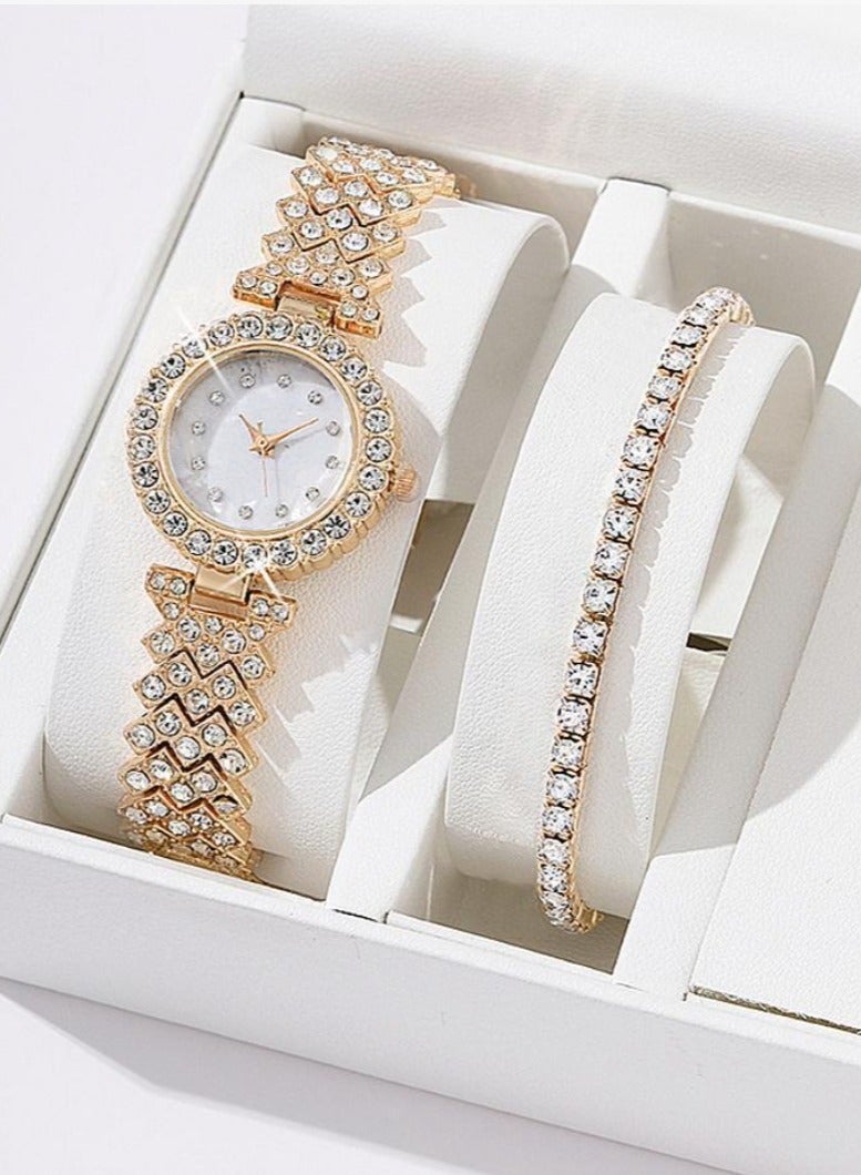 5pcs Rhinestone Watch Set Shiny Quartz Crystal Wrist Watch Luxury Diamond Shining Bling Watches with Stainless Steel Bracelet Gift for Women Girls Birthday  - Image 2