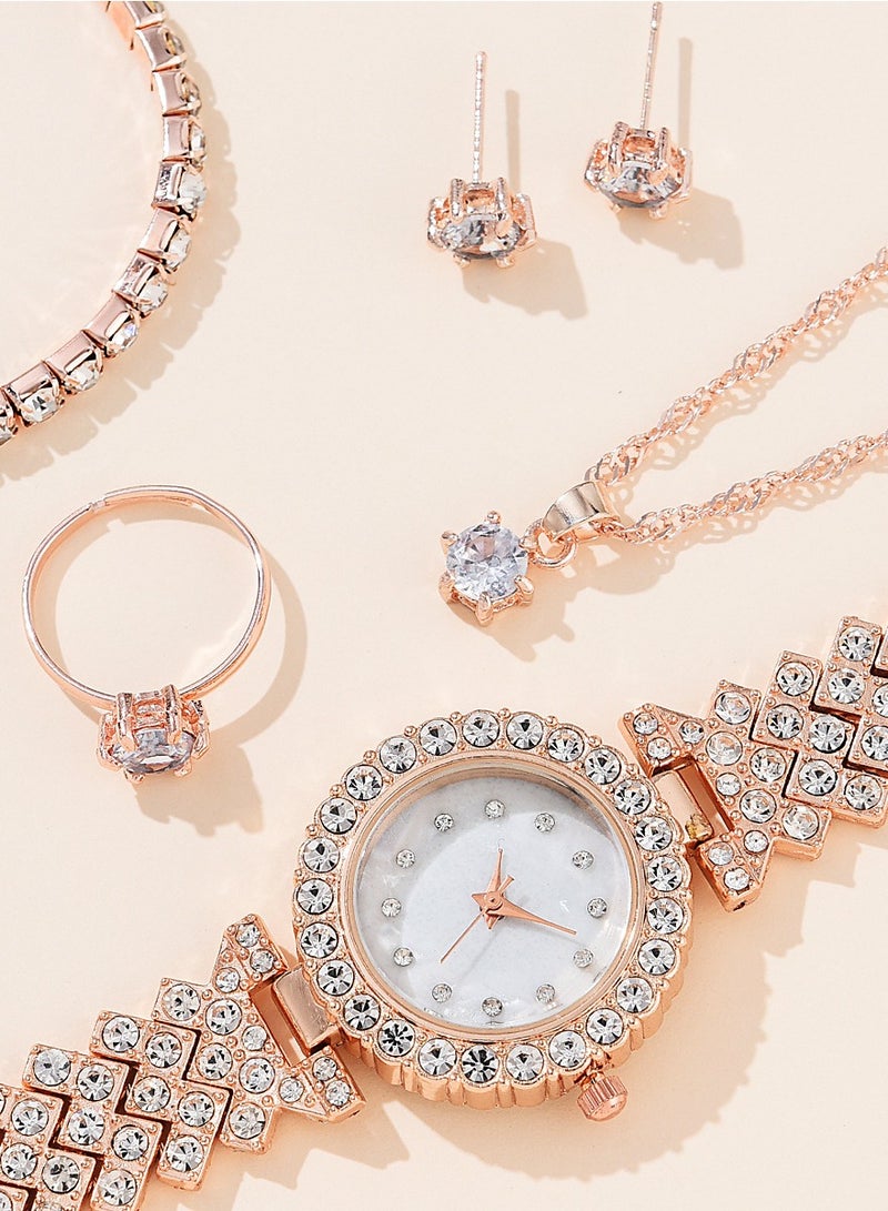 5pcs Rhinestone Watch Set Shiny Quartz Crystal Wrist Watch Luxury Diamond Shining Bling Watches with Stainless Steel Bracelet Gift for Women Girls Birthday  - Image 5