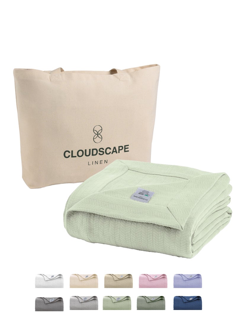 كلاود سكيب لينين 100% Cotton Herringbone Blanket for All Season, Soft and Breathable Thermal Blanket,Seafoam  - Image 1