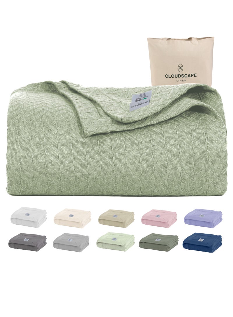 كلاود سكيب لينين 100% Cotton Herringbone Blanket for All Season, Soft and Breathable Thermal Blanket,Seafoam  - Image 1