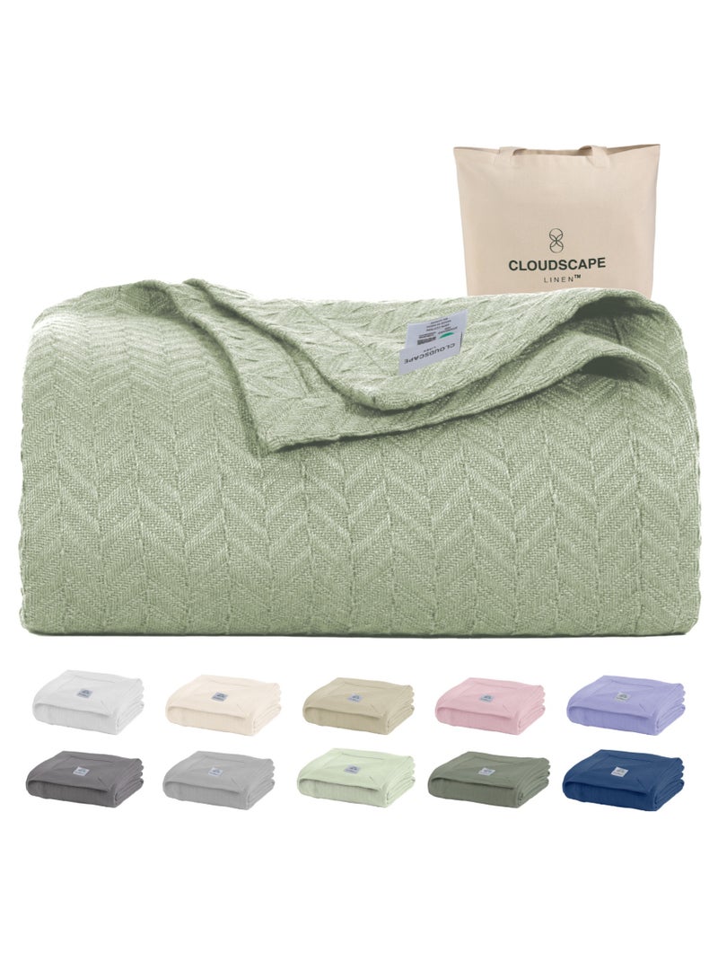 Cloud Scape Linen 100% Cotton Herringbone Blanket for All Season, Soft and Breathable Thermal Blanket,Seafoam - Image 2