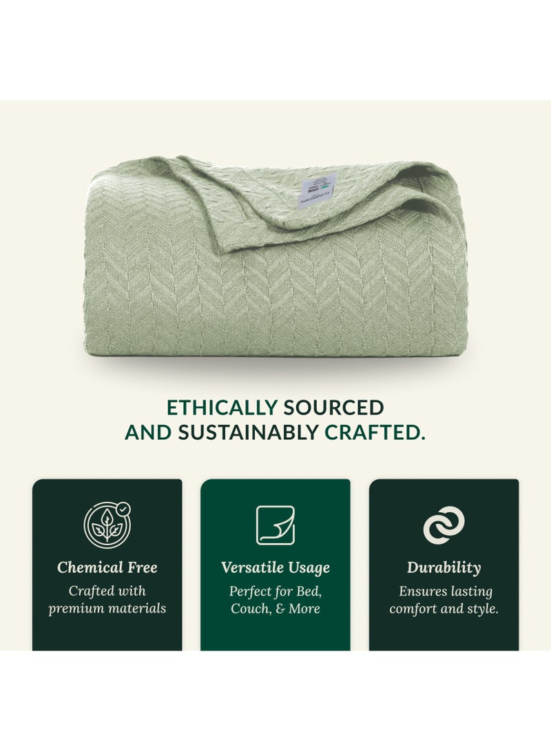 Cloud Scape Linen 100% Cotton Herringbone Blanket for All Season, Soft and Breathable Thermal Blanket,Seafoam - Image 3