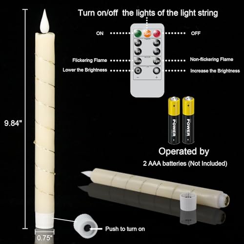 GenSwin Flameless Taper Candles with Remote and String Lights Ivory Real Wax Taper Candles Battery Operated LED Flameless Battery Candlesticks for Home Holiday DecorSet of 6 - Image 3