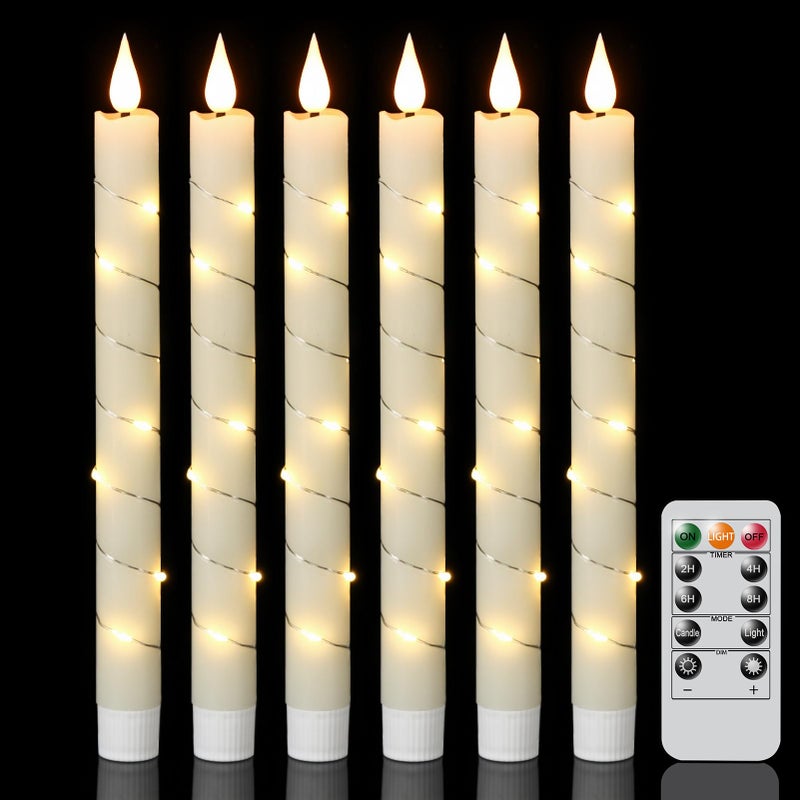 GenSwin Flameless Taper Candles with Remote and String Lights Ivory Real Wax Taper Candles Battery Operated LED Flameless Battery Candlesticks for Home Holiday DecorSet of 6 - Image 2