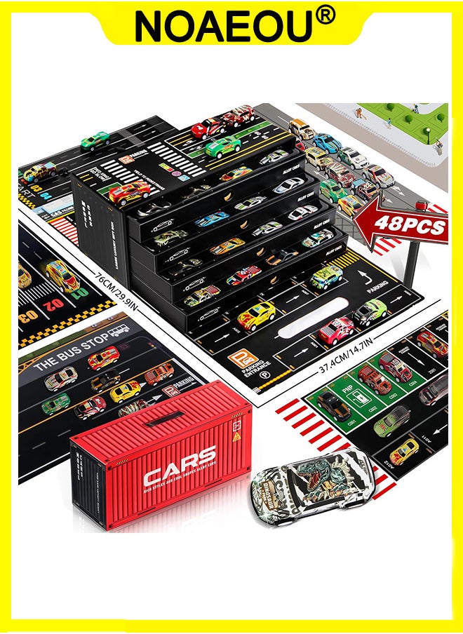 NOAEOU - Toy Cars for Kids,48 Pull Back Race Cars Toys,Container Storage Box,Casting Metal Toy Cars Set,Dinosaur and Racing Pattern,Small Cars for Toddlers 3-5 - Image 1