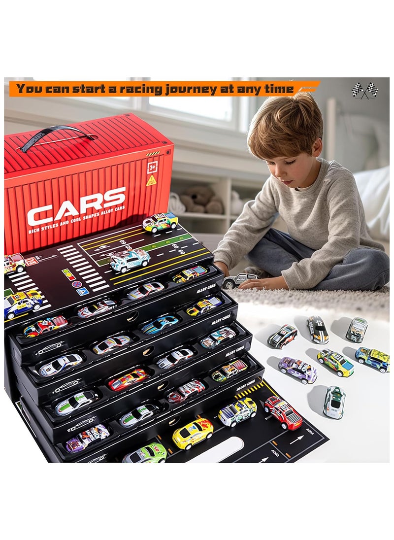 NOAEOU - Toy Cars for Kids,48 Pull Back Race Cars Toys,Container Storage Box,Casting Metal Toy Cars Set,Dinosaur and Racing Pattern,Small Cars for Toddlers 3-5 - Image 1